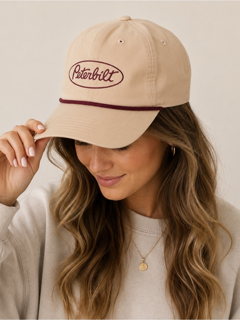 Peterbilt‎ Richardson Outdoor Rope Hat Snapback Beige Burgundy Trucker Cap